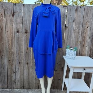 Women's Tie Neck Peplum Waist Long Sleeve Bodycon Business Midi Dress With Bow